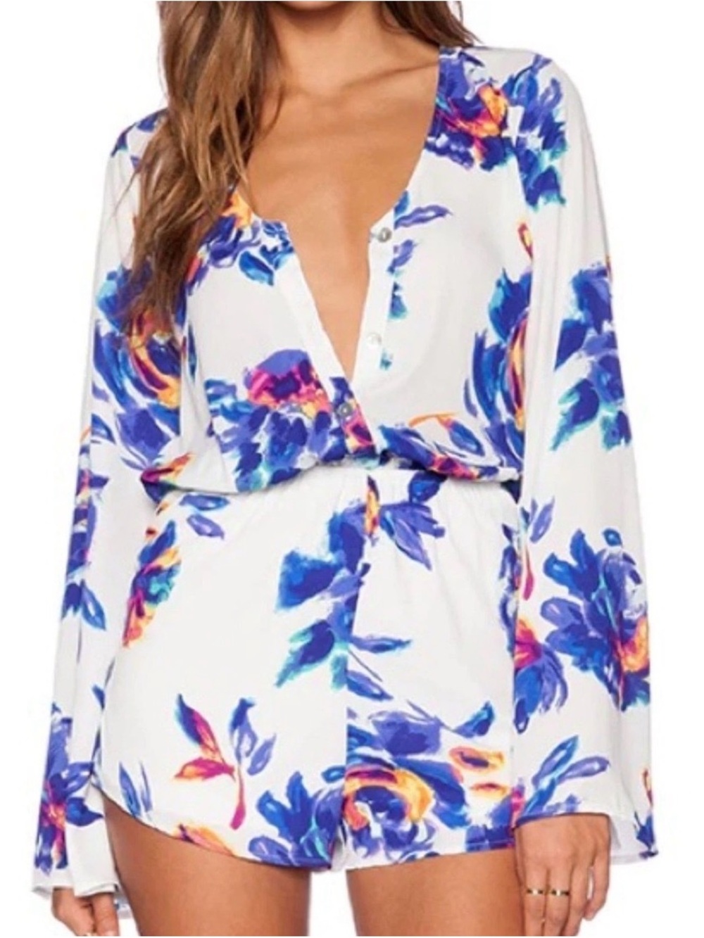 Show Me Your Mumu Red Rocks Romper Medium Petal Paint Floral Boho Bell Sleeves